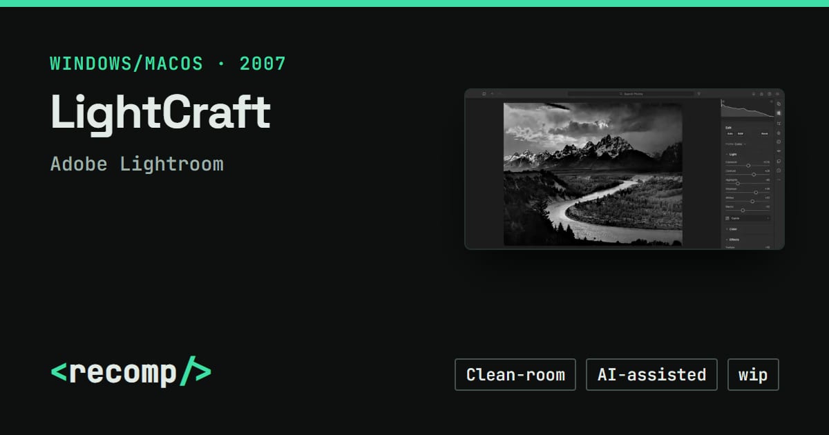 LightCraft: Adobe Lightroom clean-room rebuild, download & source · Recomp